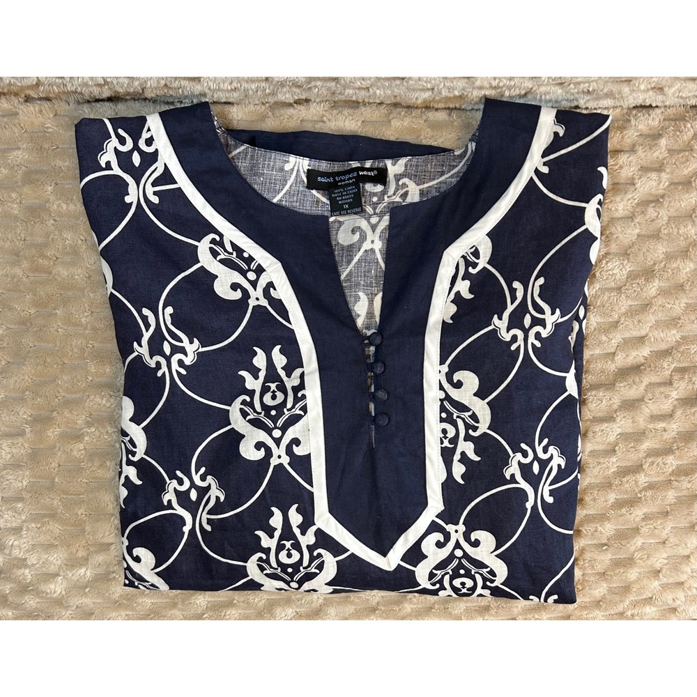 Saint Tropez West women's 100% linen navy tunic top 1X white print cottage core - Picture 5 of 5